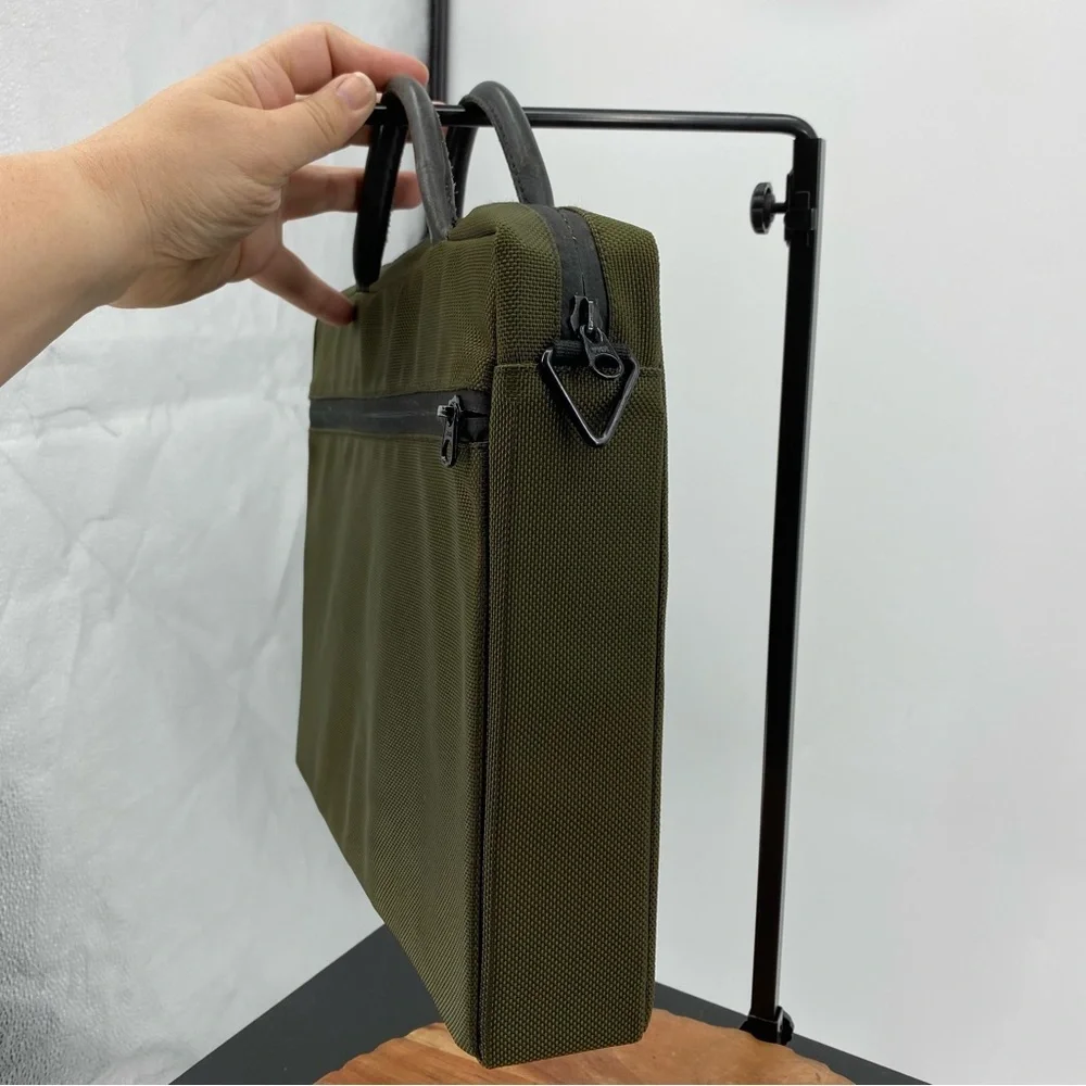 Acme Made laptop briefcase green canvas with leather handles
